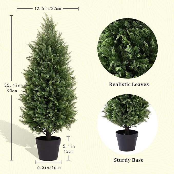 3ft Tall Artificial Cedar Trees for Outdoors Set of 2, UV Resistant Fake Plants Faux Topiary for Front Porch Decor 3 Feet