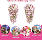 Artificial Hanging Flowers for Outdoors, 2 PCS 300 Blooms UV Resistant Morning Glory Faux Silk Vines, No-Odor Realistic Fake Plants for Garden Planter Porch Patio Decoration, Pink