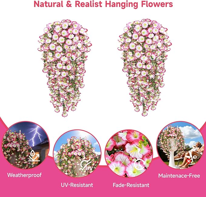Artificial Hanging Flowers for Outdoors, 2 PCS 300 Blooms UV Resistant Morning Glory Faux Silk Vines, No-Odor Realistic Fake Plants for Garden Planter Porch Patio Decoration, Pink