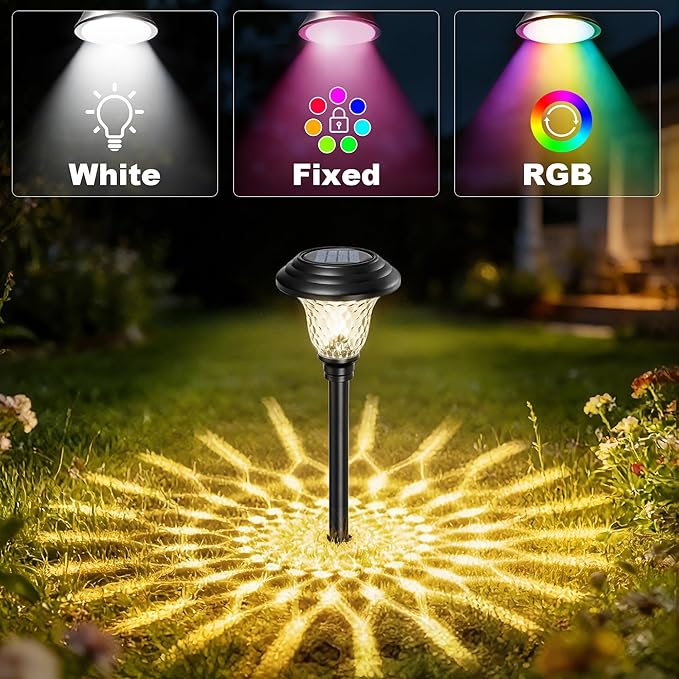 BEAU JARDIN 8 Pack Solar Pathway Lights White+Color Changing Stainless Steel 3 Mode Outdoor Multicolor Metal Solar Powered Waterproof Glass for Garden Landscape Path Yard Walkway Driveway Black
