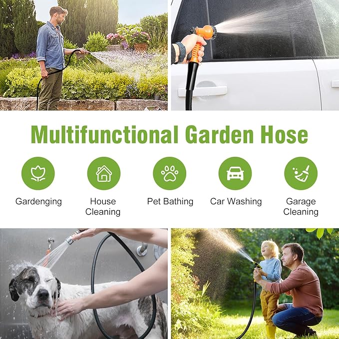 200 ft Garden Hose, 5/8 in Heavy Duty Water Hose, Flexible and Durable, Lightweight Rubber Hybrid Hose, Leak-Free Connections, Male to Female 3/4'' Brass Fittings for Patio, Lawn, Black
