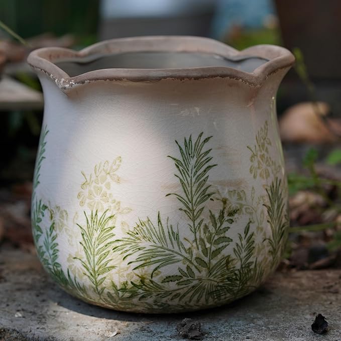 Dosayes Rustic Ceramic Planter, 6 Inch Tuscan Vintage Flower Pot with Drainage, Farmhouse Garden Pot for Indoor Plants, Kitchen & Garden Tuscan Decor, Plant Lover Gift (Grass Green)