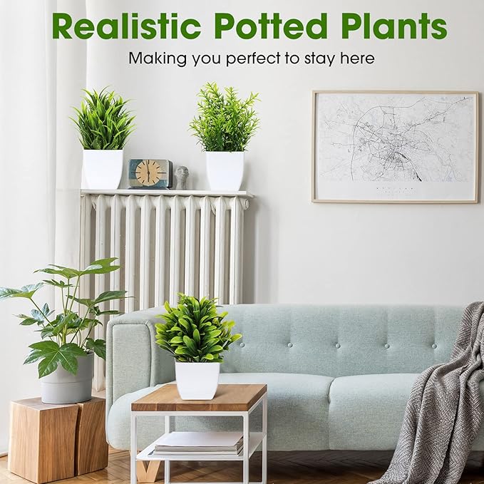 Unittype 12 Pcs Fake Plants Small Artificial Faux Plants for Shelf Mini Plastic Potted Greenery for Home Office Desk Bathroom Bedroom Indoor Decor(White Pot,Green)