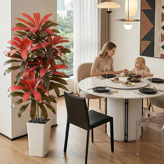 Artificial Dracaena Tree：6FT Faux Silk Tropical Yucca Floor Trees Realistic Fake Green Plant with Natural Wood Trunk & Lifelike Leaves for Home Office Decor Indoor & Outdoor (6FT,1-Pack,White)