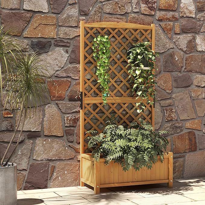 HAPPYGRILL 2 Pcs Raised Garden Bed, 71" Wooden Planter Box with Trellis, Drainage Holes, Freestanding Elevated Garden Bed for Vine Climbing Plants (Yellow)