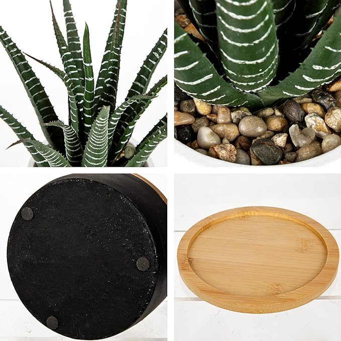 Briful Artificial Succulent Plant in Pot with Bamboo Tray, Faux Agave Potted Plant, Realistic Aloe Fake Plant for Home, Office Desk, Shelf, Modern Indoor Decoration
