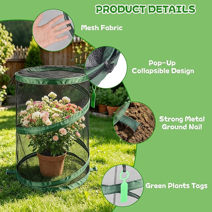 3PCS Pop Up Plant Covers from Animals, 20" H X 14" D Foldable Mesh Plant Tent Cover Protectors, Garden Insect Barrier Mini Greenhouse Plant Guard Cover Net with 12 Stakes & 6 Labels for Outdoor Plants