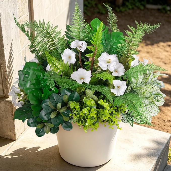 Hrobek Outdoor Faux Plants UV Resistant - 8 Bouquets Realistic Artificial Eucalyptus Fern Morning Glory Greenery for Patio Garden Front Porch Decor Weatherproof Fake Plants for Outside