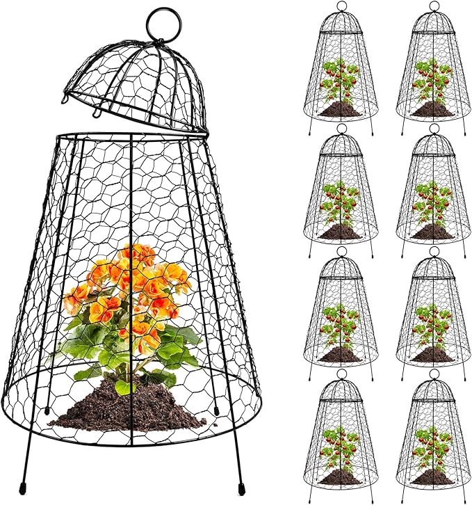 Kalolary 8 Packs Plant Protectors from Animals, 20.5'' x 12 Large Wire Plants Cage Metal Garden Protection Chicken Wire Cloche with Stakes for Keeping Bunny Squirrels & Pets Out(Bell)