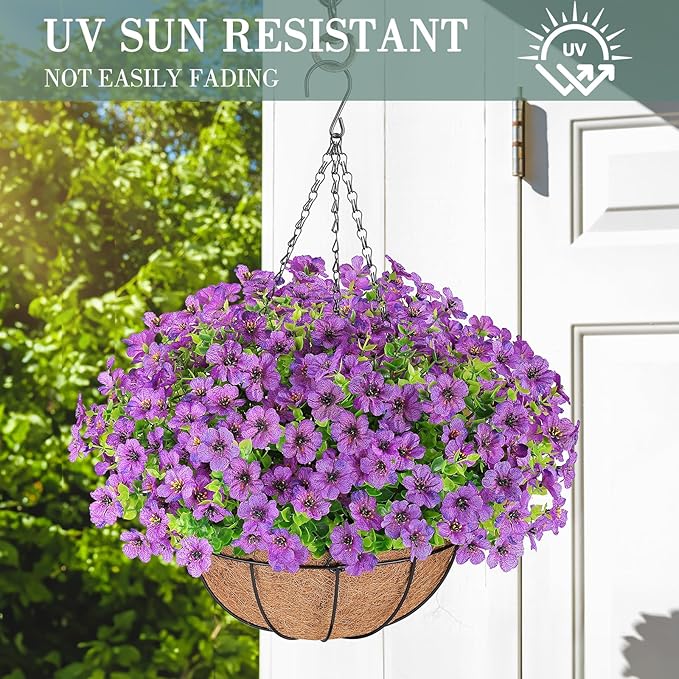 Artificial Flowers Hanging Plants in Basket,Artificial Hanging Flowers for Spring Outdoor Indoor Decor,UV Resistant hanging Baskets with Fake Flowers for Summer Patio Garden Porch Deck Home Decor