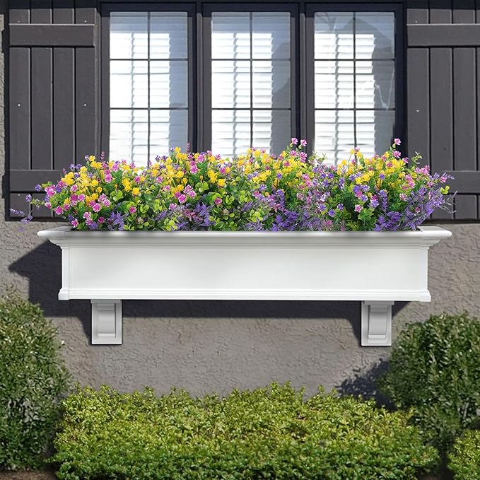 Hananona 12 Pcs Artificial Flowers Outdoor, Faux Artificial Plants UV Resistant Plastic Flower Bulk for Hanging Planter Porch Window Home Wedding Fall Summer Decor (12, Fuchsia, Purple, Yellow, Green)