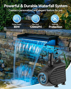 POPOSOAP Pond Waterfall Kit with Colorful LED Lights & 1200GPH Pond Pump, APP & Remote Control, Auto Timer, Pond Waterfall Spillway with 9.8FT Corrugated Tube for Pool, Garden, Patio, Backyard-P46DC