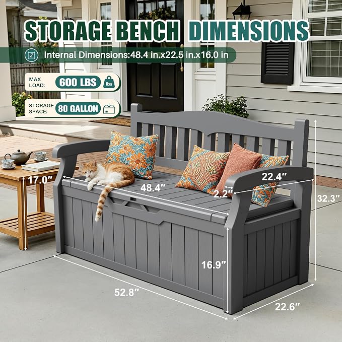 Devoko 80 Gallon Storage Bench Deck Box Lockable for Patio Furniture, Garden Decor and Outdoor Seating for Cushions, Garden Tools and Pool Supplies (Grey)