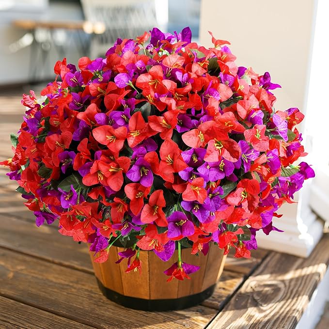 Artificial Faux Flowers for Outdoors Spring Summer Outside Decor, 4 Bundles Fake Silk Bougainvillea UV Resistant Look Real Faux Plants for Planter Patio Porch Window Garden Home Decoration, RedPurple