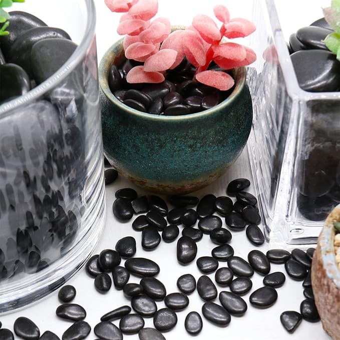 Black Rocks for Plants. Polished Decorative Pebbles. 1/5 Inch 2 lbs. for Garden, Landscaping, Vase fillers, Succulents, pots (Mini, Black, 2)