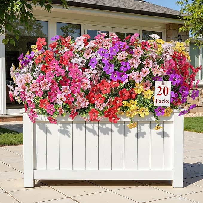 Alupssuc 20 Bundles Artificial Flowers for Outdoor Indoor Decoration, UV Resistant No Fade Fake Plants Eucalyptus, Colorful Faux Spring Flowers for Outside Yard Porch Patio Garden Home Window Box