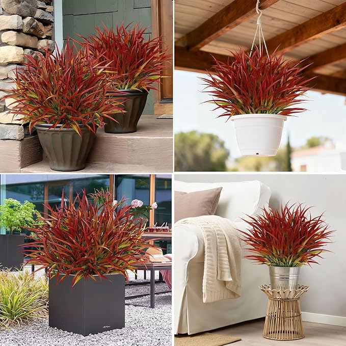 16 Pcs Artificial Plants Outdoor Fake Grass Faux Greenery Stems UV Resistant Plastic Plants Shrubs for Planters Patio Garden Front Porch Pathway Spring Summer Home Decor, Red