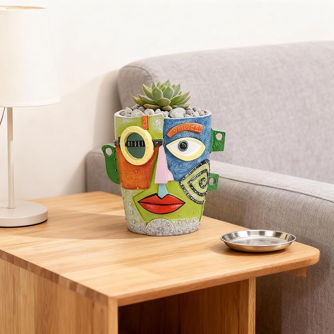 Abstract Face Planter Pot, Hand-Painted Resin Flower Pot with Top Opening for Planting, Decorative Planter for Indoor Plants, Art Accent Flowerpot Decor
