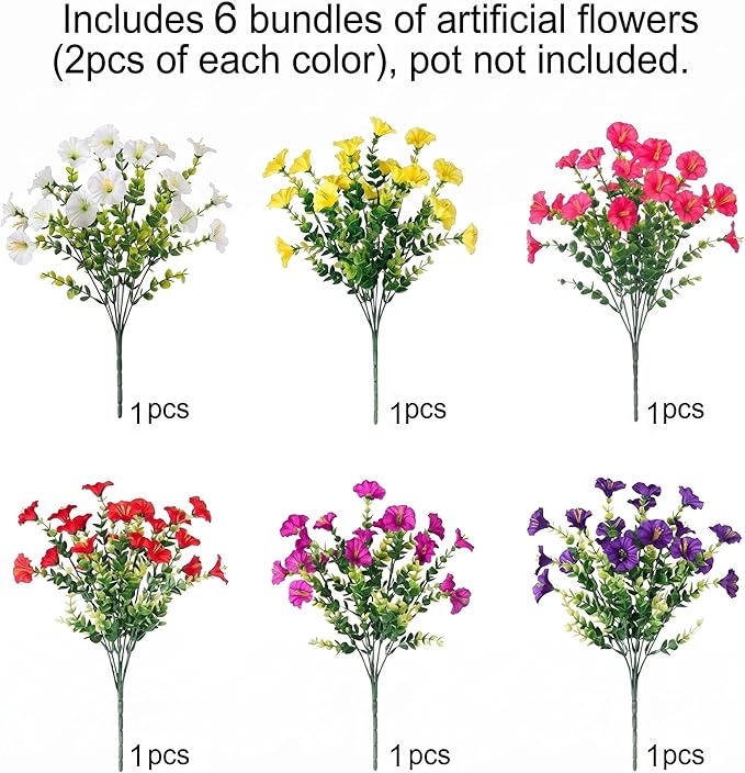 Artificial Flowers for Outdoors, 6 Bundles Fake Plants for Outside Decoration, UV Resistant No Fade, Realistic High End Silk Plastic Morning Glory for Planter Porch Patio Yard Garden