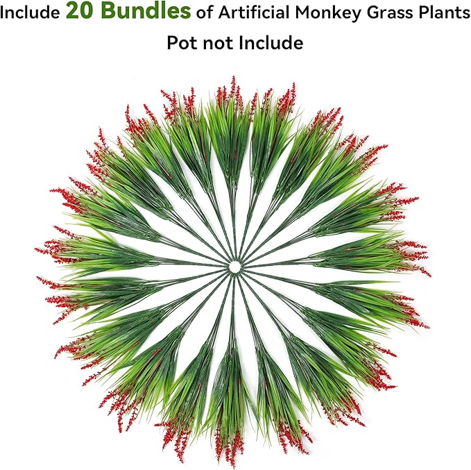 Ivydale 20PCS Artificial Plants Fake Flowers Monkey Grass for Outdoors,UV Resistant Realistic Red Faux Greenery Shrubs Outside Decor for Home Garland Porch Patio Balcony Planter Yard Office Pathway