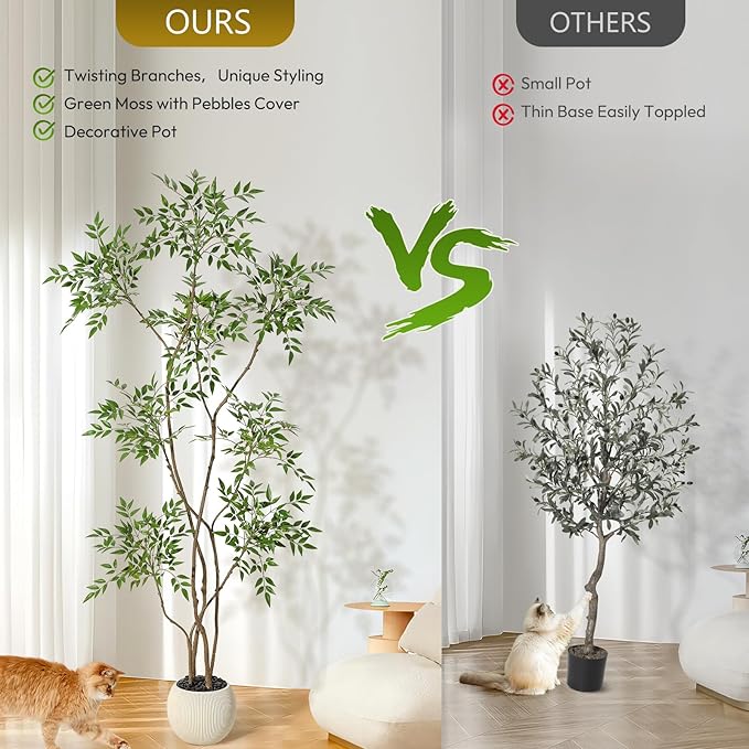 GarveeHome Artificial Plants Indoor,6 ft Tall Faux Floor Plant in Pot, Nandina Artificial Tree with White Planter for Home Decor Office Living Room