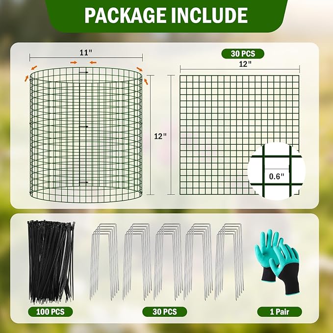 Uyittour 10 Pack Plant Protectors from Animals, 12" x 12" Round Metal Wire Garden Plant Cages to Keep Animals Out, Rabbit Proof Protection for Vegetables & Flowers with Stakes, Zip Ties & Gloves