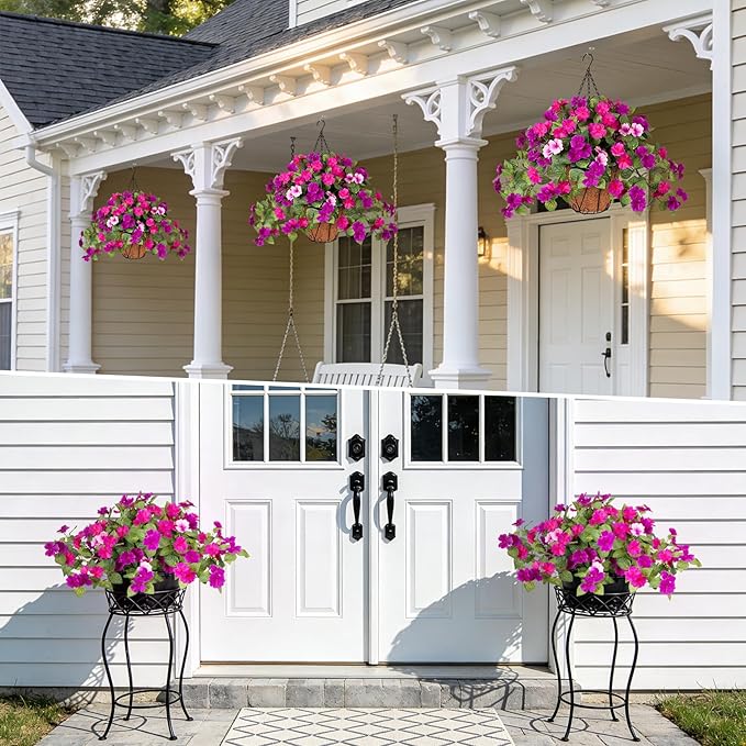 INXUGAO 3 Bundles Artificial Fake Flowers for Outdoors with Hanging Baskets Faux Hanging Flowers Plants for Outdoor Planters UV Resistant Silk Flowers for Outside Spring Home Front Porch Garden Décor
