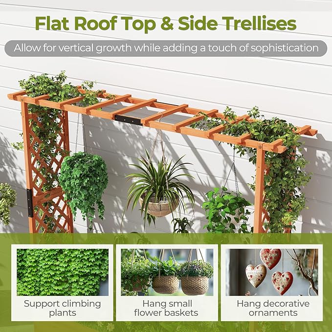 HAPPYGRILL Raised Garden Bed with Trellis, Freestanding Wood Planter Box w/Hanging Roof & Drainage Holes for Vine, Climbing Plants, Flowers, Outdoor Planter with Trellis for Garden, Patio, Yard (2)
