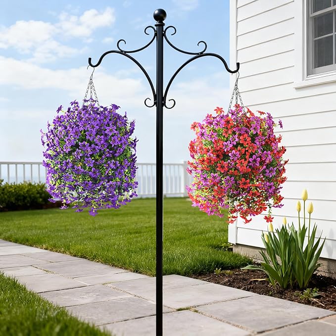 Artificial Hanging Baskets Outdoor, 4 Bundles Artificial Hanging Flowers Outdoors Spring Summer Decoration, No Fade Realistic Fake Hanging Baskets for Porch Patio Balcony Home Yard Decor