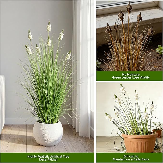 Artificial Plants Indoor Tall Grass Plants with Hyacinth Flower 47.2In Tall Artificial Ornamental Grass Green Onions Outdoor Fake Plants with Black Pot Home Office Decorative (1 Pack,White)