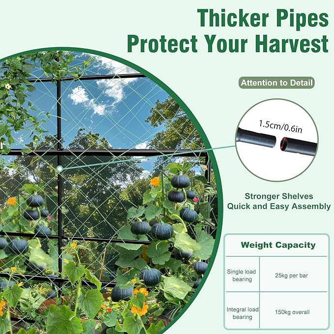 unho 63inch Metal Garden Trellis Arch for Climbing Plants - Polyethylene-Coated Anti-Rust, Heavy Duty, Wide Walk-Through Outdoor Arch with Net, for Cucumber Tomato Squash Zucchini Peas Grape Flowers
