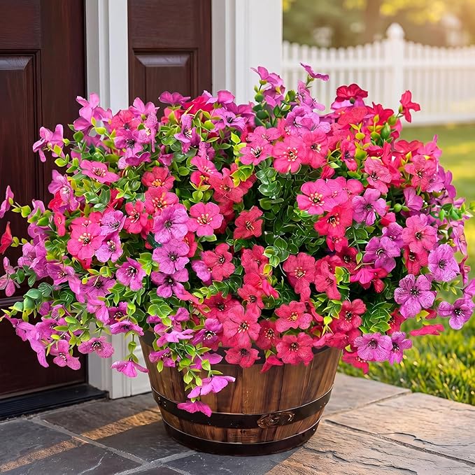 Artificial Flowers for Outdoor Fake Plants for Spring Decoration,Faux Eucalyptus Flowers for Planter UV Resistant Lifelike for Home Porch Garden (Red/Light Purple)