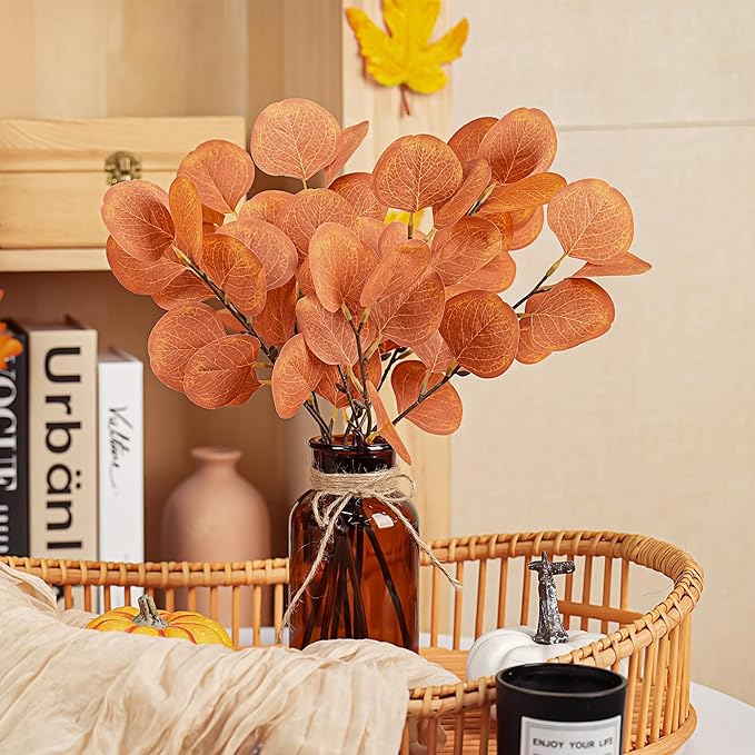 Der Rose 13.5" Fake Plants for Fall Bathroom Decor Autumn Artificial Eucalyptus Stems in Amber Glass Vase with Faux Water for Office Desk Accessories Home Table Fall Centerpiece Decor（Orange）