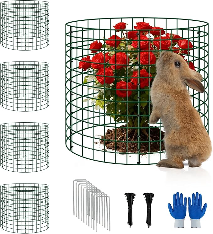 4 Pack Plant Protectors from Animals, 12''x12'' Metal Plant Cages for Outdoor Plants, Garden Plant Protector with Stakes & Zip Ties, Keep Rabbits Squirrels Out, Plant Cage for Flowers Vegetables