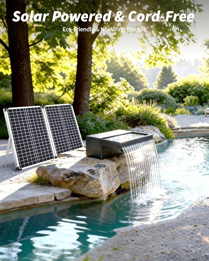 POPOSOAP 70W Solar Pond Waterfall Spillway with Fountain Pump, 304 Stainless Steel & Filtration System Pond Waterfall, 9.8FT Tubing for Koi Ponds, Garden Fountains & Landscape Water Features-P5703S