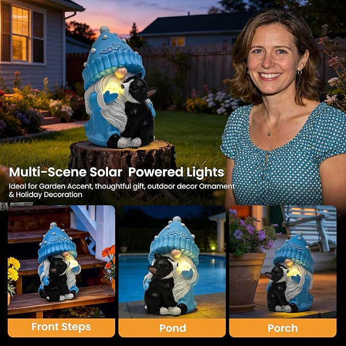 GIGALUMI Solar Garden Statue, Gnome with Dog Outdoor Decor, Gnomes Decoration Gifts with LED for Patio Yard Lawn Balcony, Christmas/Birthday Gift for Mom Women