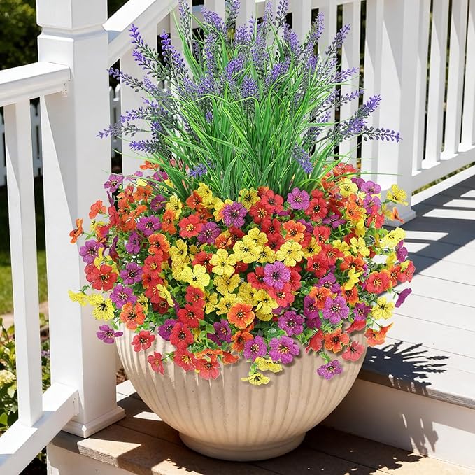 INQCMY Artificial Flowers for Outdoors UV Resistan 12 Pcs Silk Daisies with Eucalyptus Leaves and 2 Pcs Lavender Suitable for Porch Balcony Courtyard Garden (Red Lotus Orange Yellow Red)