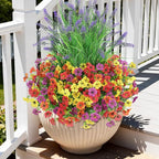 INQCMY Artificial Flowers for Outdoors UV Resistan 12 Pcs Silk Daisies with Eucalyptus Leaves and 2 Pcs Lavender Suitable for Porch Balcony Courtyard Garden (Red Lotus Orange Yellow Red)