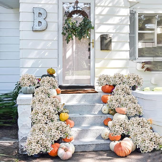 Uieke 16 Bundles Outdoor Artificial Flowers UV Resistant Fake Flowers No Fade Faux Plastic Plants for Garden Porch Window Box Home Outside Hanging Planter Spring Summer Décor (White)