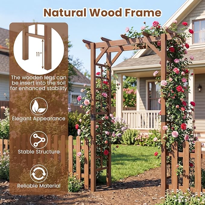Giantex 7FT Wood Garden Arbor Trellis, Wooden Wedding Arch for Ceremony Party, Outdoor Archway Pergola for Climbing Plants, Pathway, Yard, Garden Decor, Easy Assembly (Dark Brown, 55''W x 85''H)