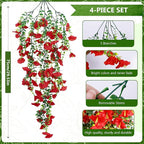 4-Pack Fake Hanging Plants, Faux Hanging Plant Artificial Greenery for Living Room Bedroom Boho Wall Shelf Indoor Outdoor Decor (Red Morning Glory)