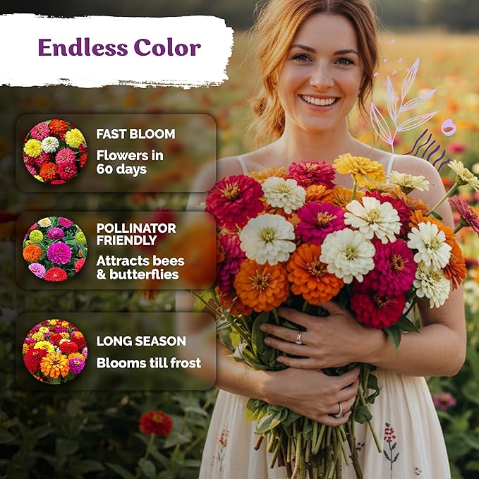 KVITER 550 Crazy Blend Zinnia Seeds for 2026 (Zinnia Elegans) – Double Zinnia Seed Mix, Heirloom Pollinator Magnet – Ideal Flower Seeds for Planting in Cutting Garden, Borders, Containers