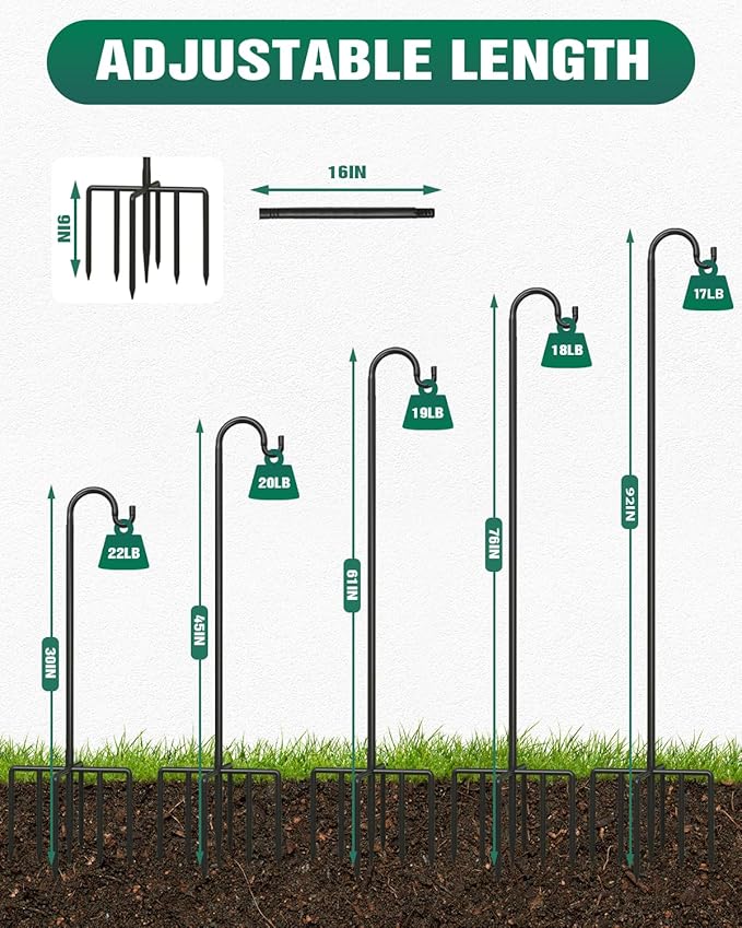 Breeze Touch 2Pack 92 Inch Adjustable Shepherd Hooks for Outdoor Outside, Heavy Duty with 7 Prongs Base, for Hanging Lantern, Hummingbird Feeder, Lightweight Plant, Wind Chime, Bird Feeder Hanger