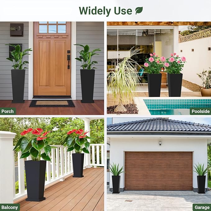 Metal Tall Planters 24 inch Set of 2, Durable Taper Planter with Drainage Holes & Rust-Proof Coating & Trays for Outdoor Indoor Garden Patio Front Door