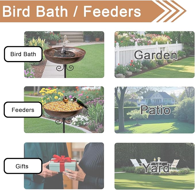 Small Metal Bird Bath for Outdoors, 10" Dia Bowl with Stake Birdbaths Garden Yard Lawn Decor 0.4 Gallon (Pack of 2)
