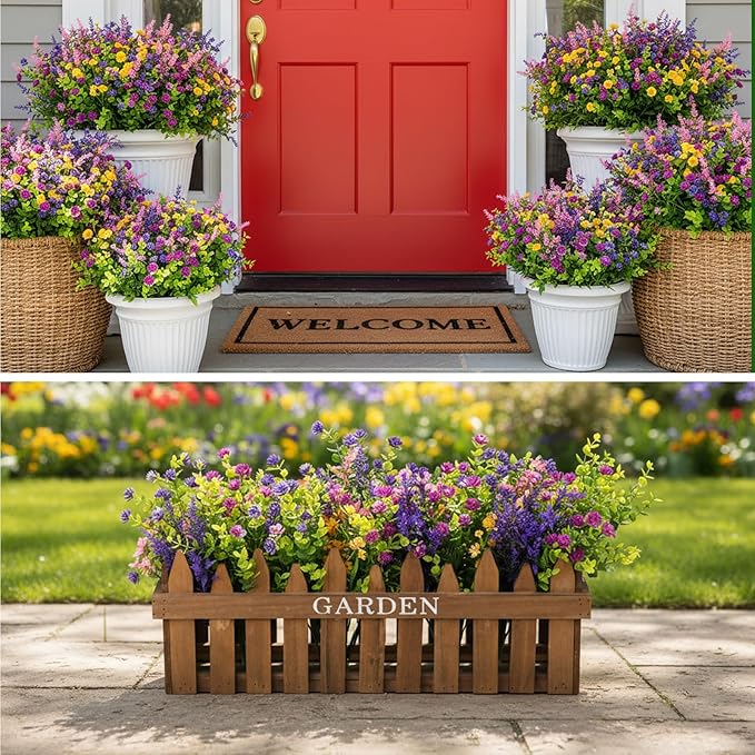 CEWOR 24 Bundles Artificial Flowers for Outdoor Indoor, Fake Silk Multiple Color Flowers, Faux Flower for Garden Front Door Porch Planter Patio Home Decor (Purple Fuchsia Pink Yellow)