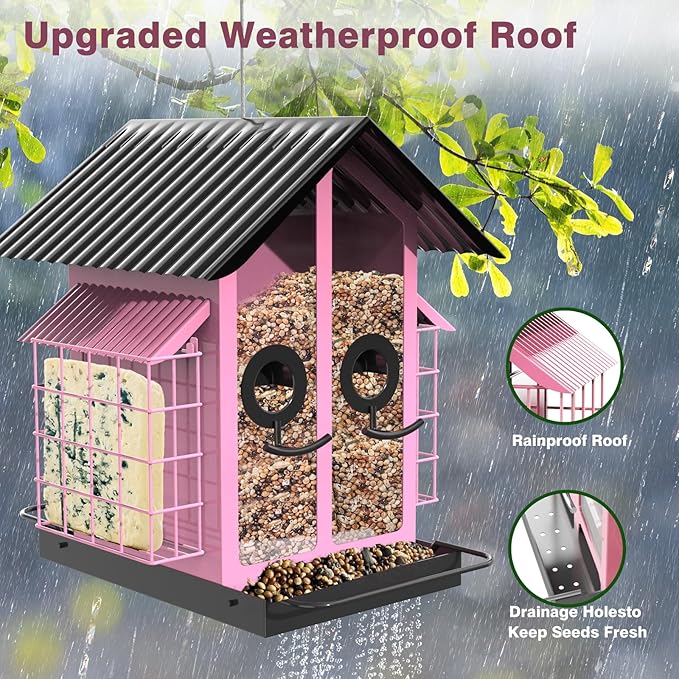 FlowaFoli Bird Feeders for Outdoors, Metal Bird Feeder with Double Suet Cage Weatherproof Metal Roof, 2 in 1 Mixed Seeds Suet Feeder, 4Lbs Large Capacity, Great for Finch、Cardinal、Chickadee（Pink）
