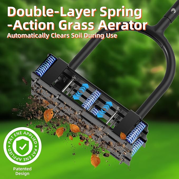 Aerator Lawn Tool - 2-in-1 Reinforced Heavy Duty Manual Lawn Aerator with 15 Spikes, Automatic Dirt and Leaf Clean Design, Adjustable T-Handle (Black)