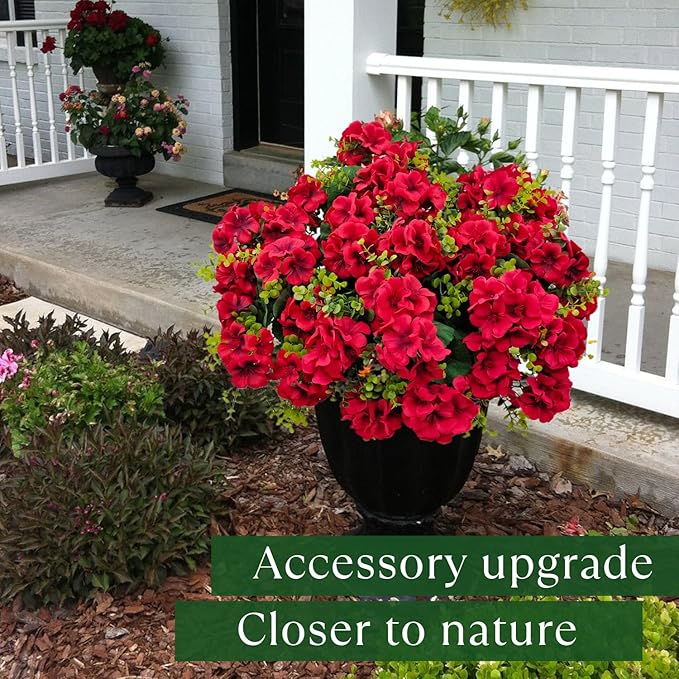 Artificial Geranium Flowers for Outdoor Decoration, 6 Bundles UV Resistant Silk Geranium Fake Plants Faux Flowers for Front Porch Garden Patio Window Box Outside Indoor Decor (Red)