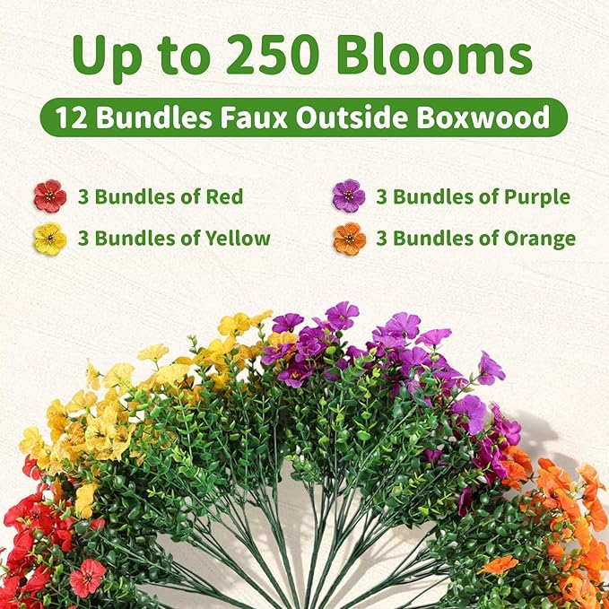 Artificial Outdoor Flowers, Realistic UV Resistant Waterproof Faux Plants, Full Looking Fake Flowers for Porch Planters Hanging Baskets Garden Patio Yard Outdoor Decor, 12 Bundles 4 Colors